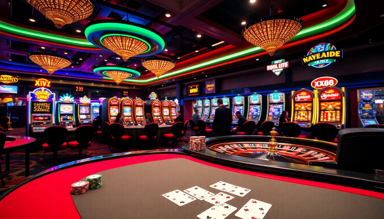 Exciting casino scene with players enjoying blackjack and roulette at XX88 casino.