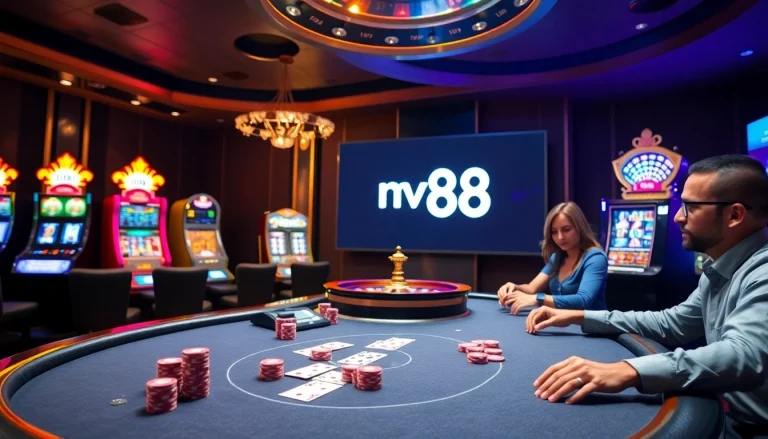 Poker players strategizing with mv88 chips and cards at a luxurious casino table.