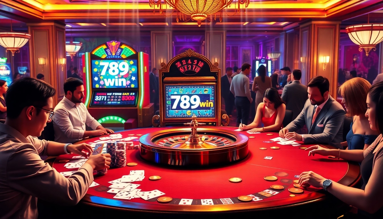 Players enjoying high-stakes poker at 789win casino, with vibrant chips and cards.