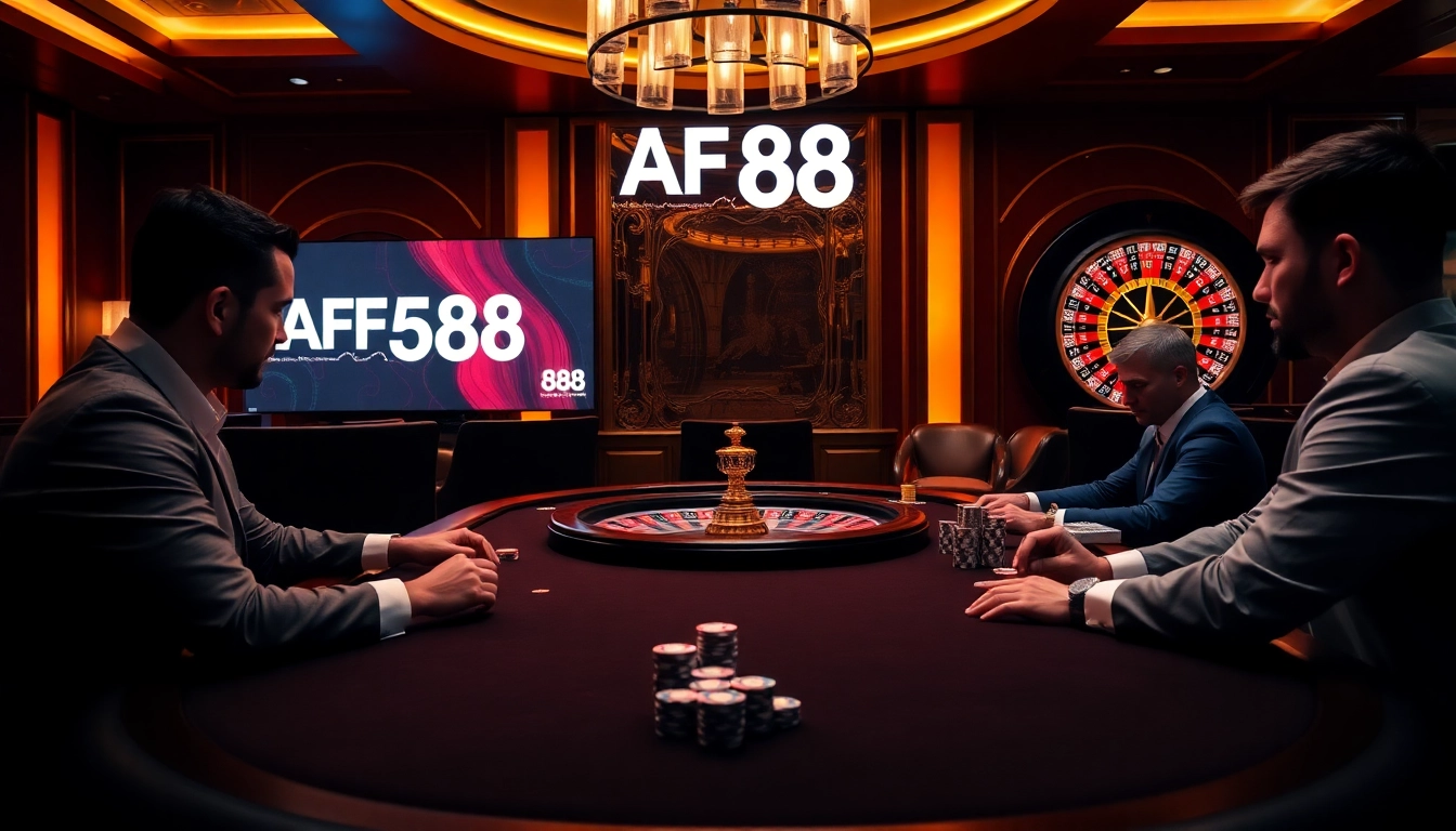 Engaged players at an AF 88 casino poker table showcase the thrill of high-stakes gambling.