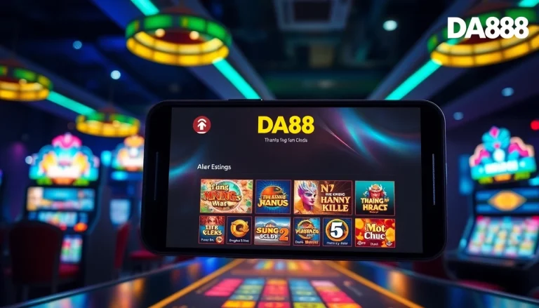 Exciting scene illustrating Tải App Da88 showcasing vibrant slot games and a smartphone interface.