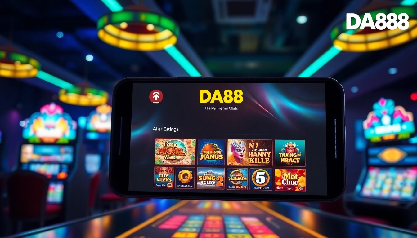 Exciting scene illustrating Tải App Da88 showcasing vibrant slot games and a smartphone interface.