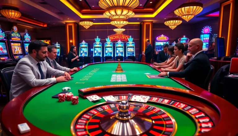 Experience NOHU90 poker excitement with an elegant table, colorful chips, and enthusiastic players.