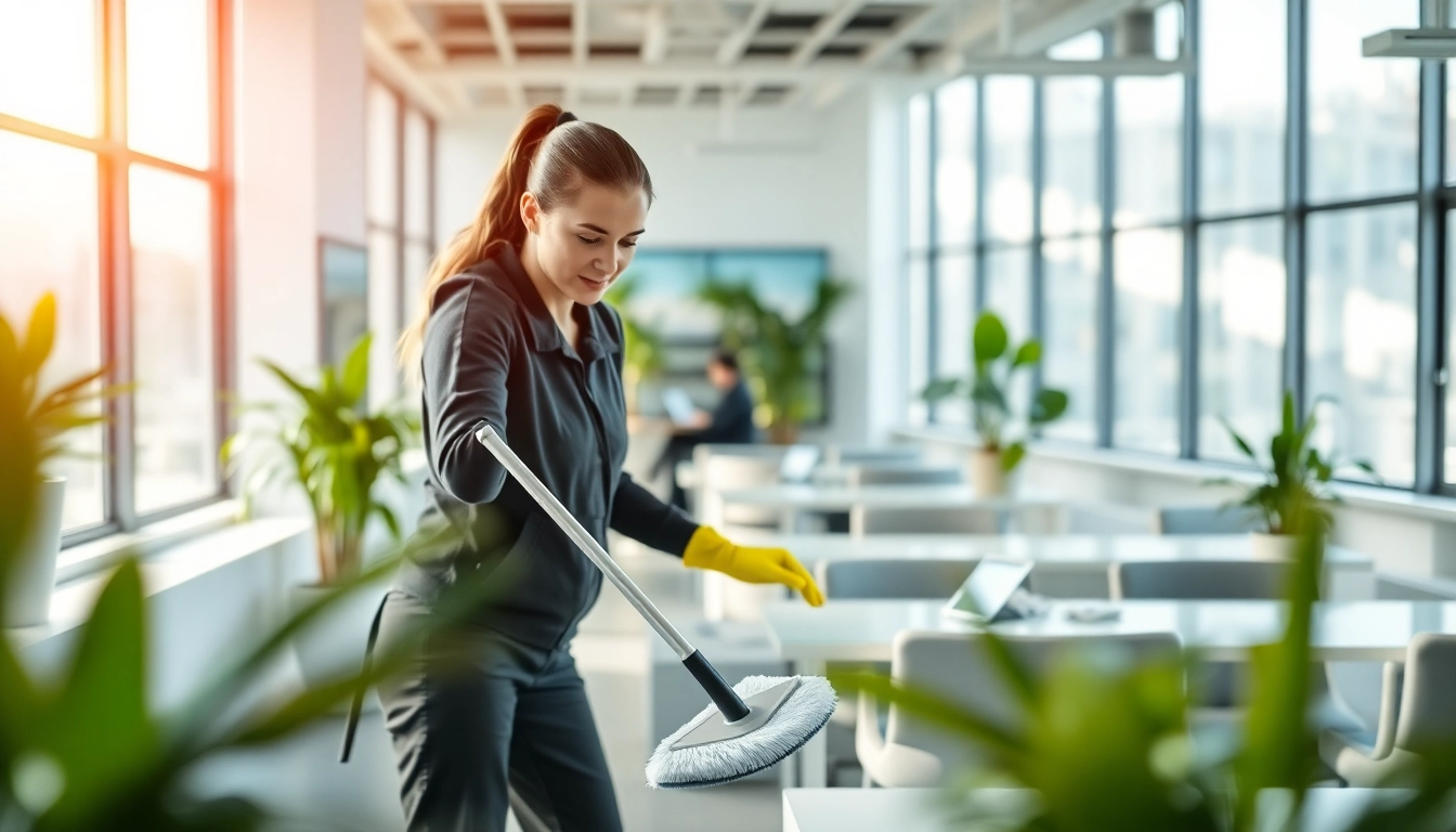Efficient Büroreinigung Berlin in einem modernen Büro mit leuchtendem Licht und gepflegtem Ambiente.