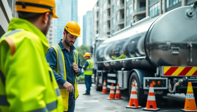 Öltankentsorgung durch Fachkräfte in einem urbanen Szenario mit Sicherheitsausrüstung und spezialisierter Ausrüstung.