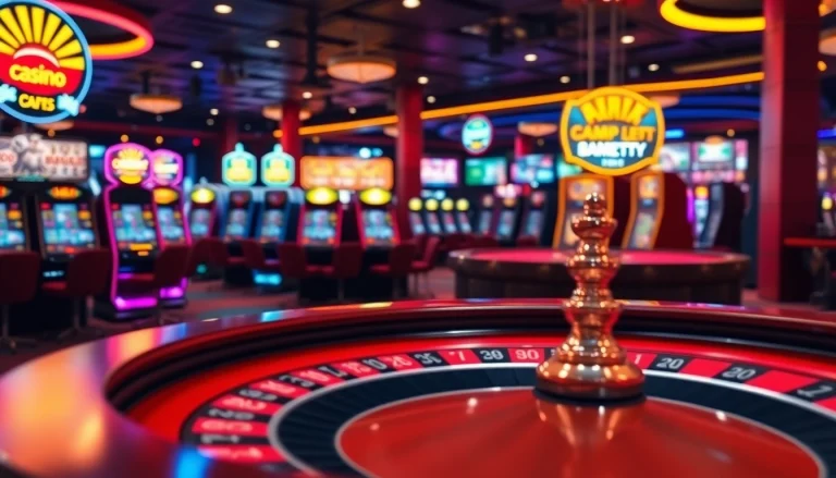 Online casino as a bustling and luxurious gaming space attracting players with vibrant lights.