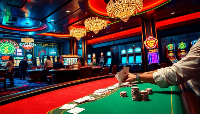 Engaging scene highlighting Hướng Dẫn 888new with players enjoying poker and roulette in a luxurious casino.