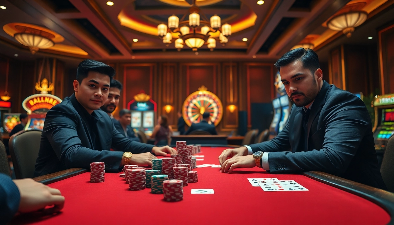 Players engaging in a thrilling poker game at VU88 casino with vibrant colors and luxurious setup.