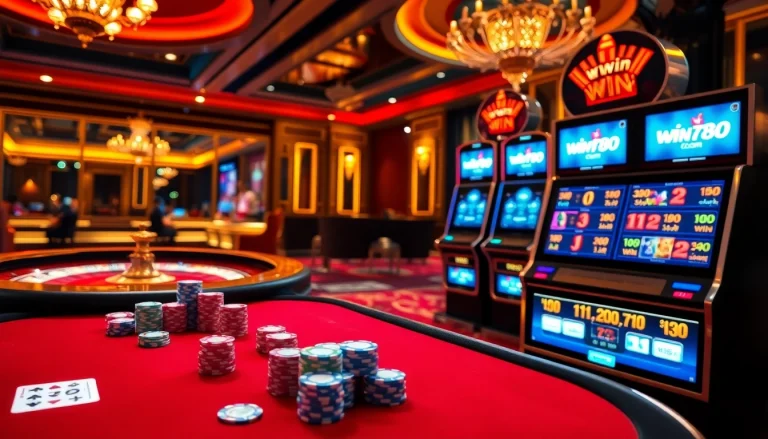 Experience the thrill of gambling at win78.com with vibrant elements from poker, slots, and roulette.