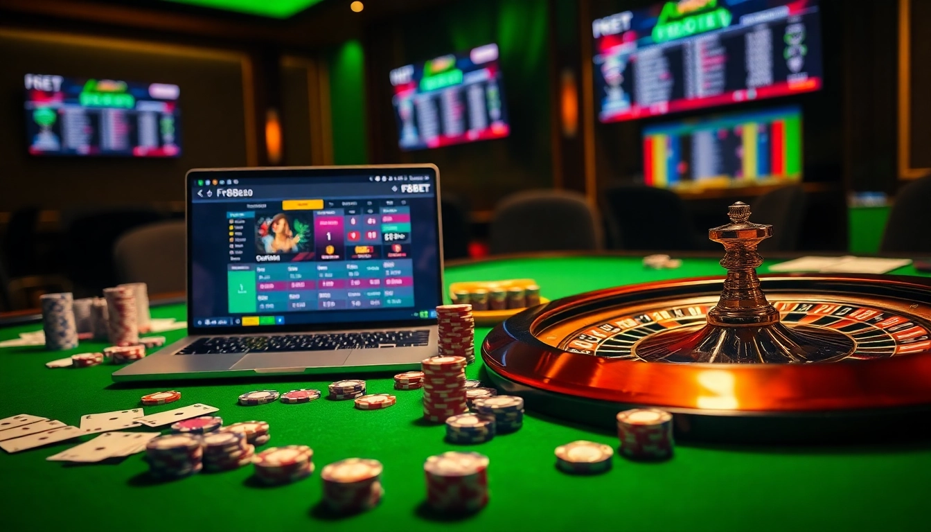 Experience excitement at F8BET's high-end casino tables filled with chips, cards, and vibrant roulette wheels.