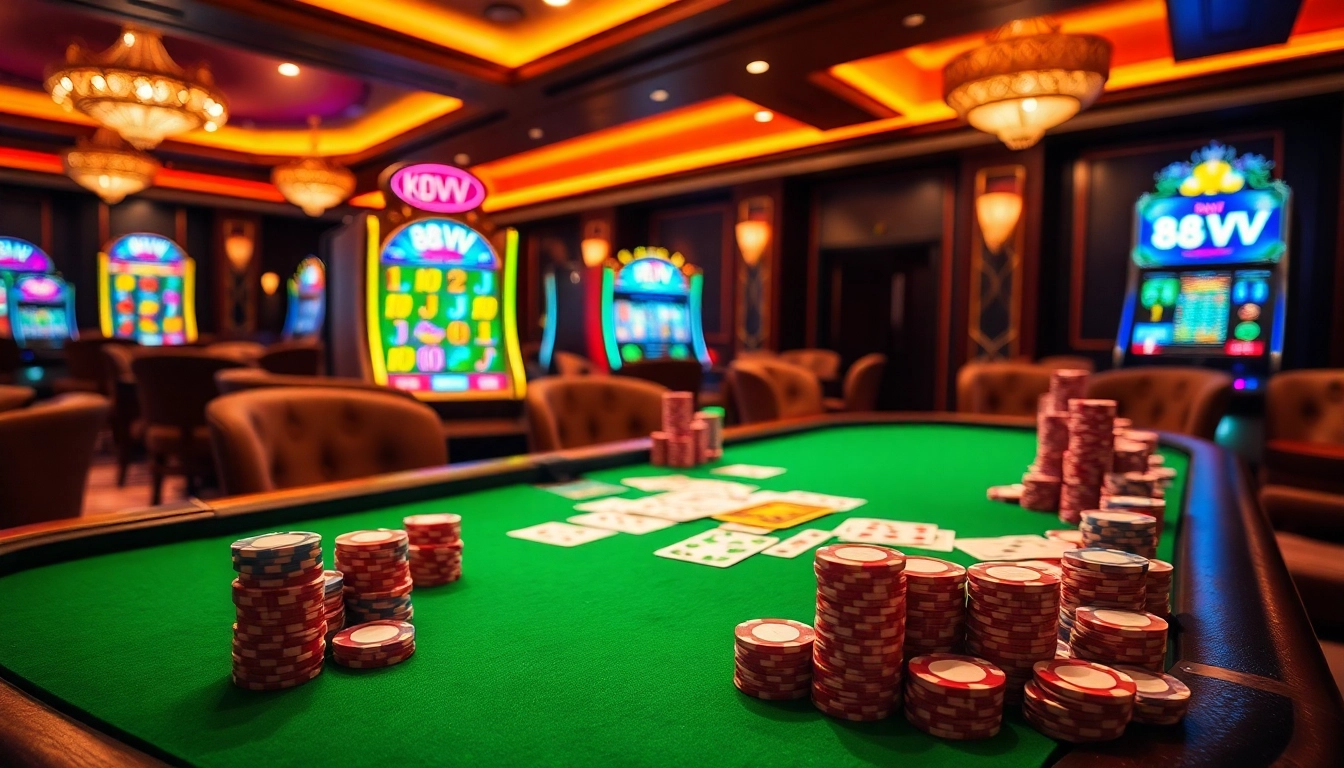 Players enjoying high-stakes poker at 88VV casino, with vibrant chips and cards on a luxurious table.