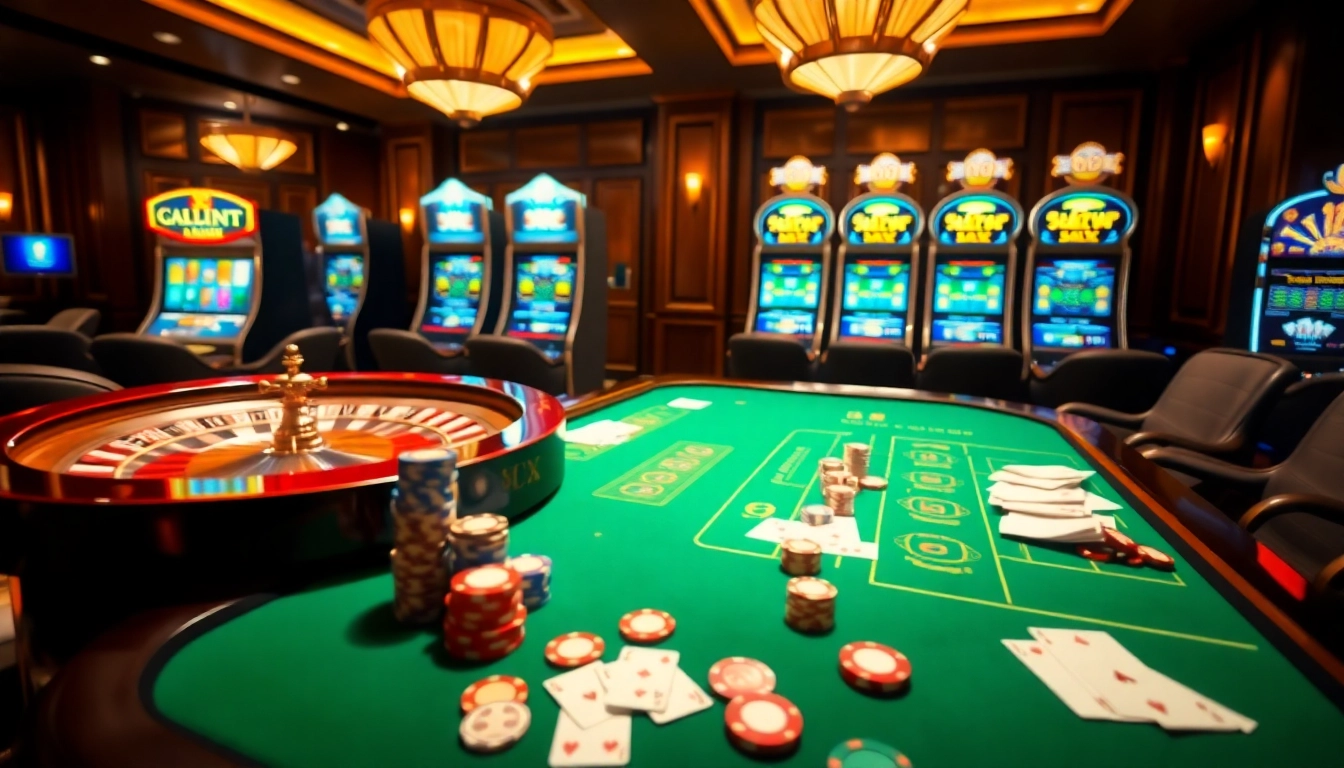 Exciting casino scene showcasing 8XX gaming table, poker chips, and vibrant slot machines.
