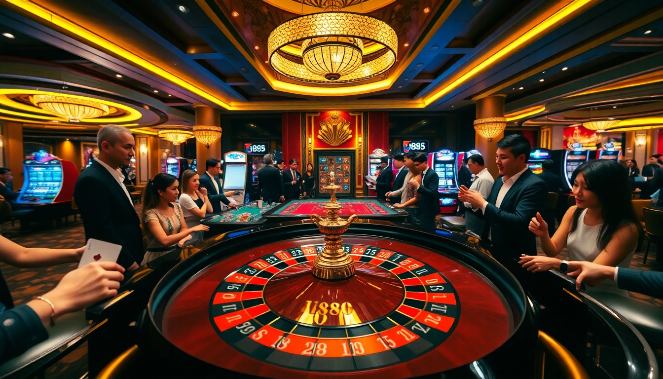 U888 players enjoying an exciting game at a luxurious casino with roulette and slot machines.
