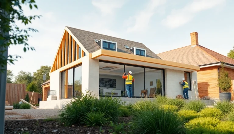 House extension construction site featuring skilled builders and a modern design.