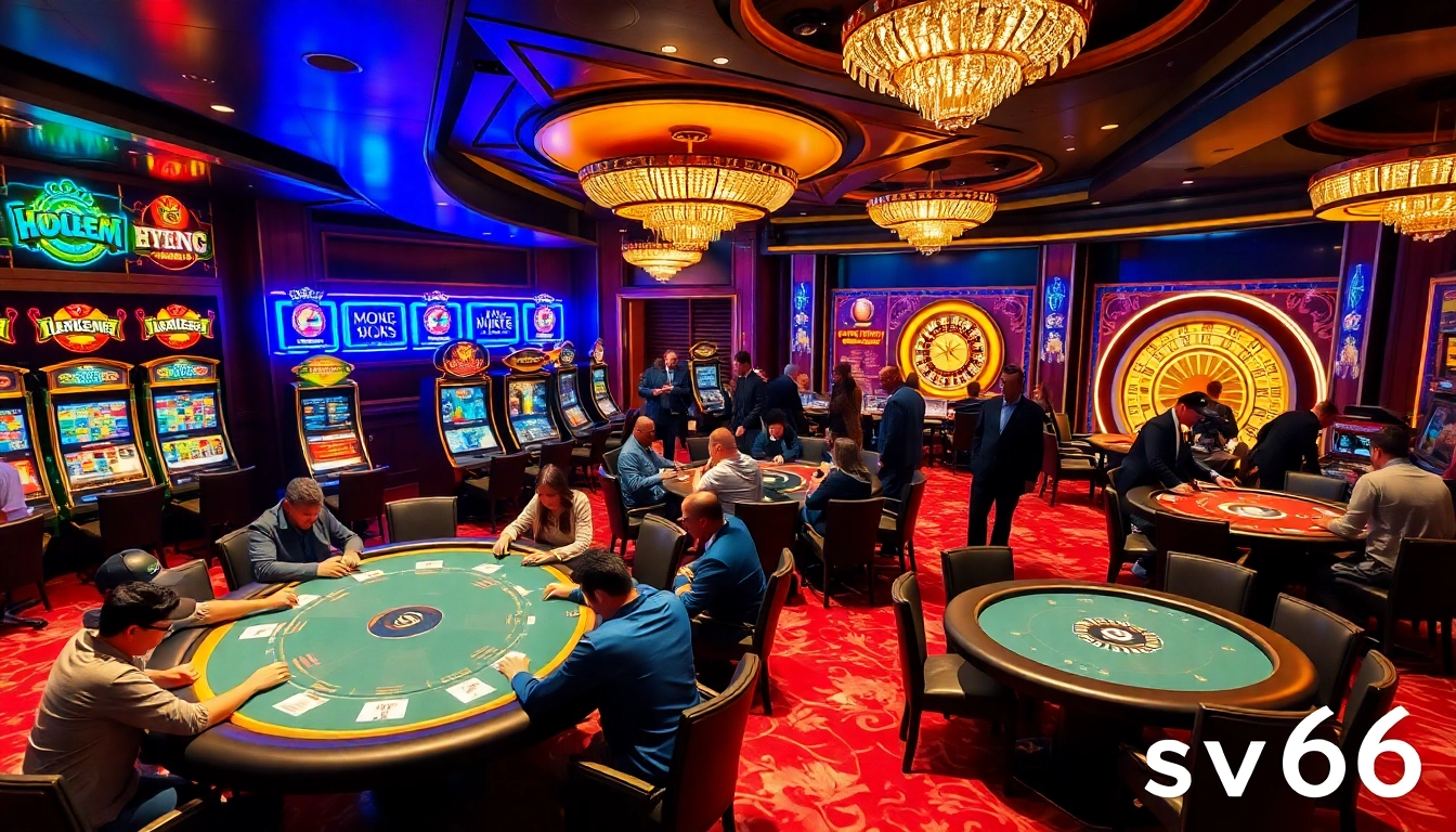 Experience the excitement of Sv66 with players at poker tables and a roulette wheel in a vibrant casino.