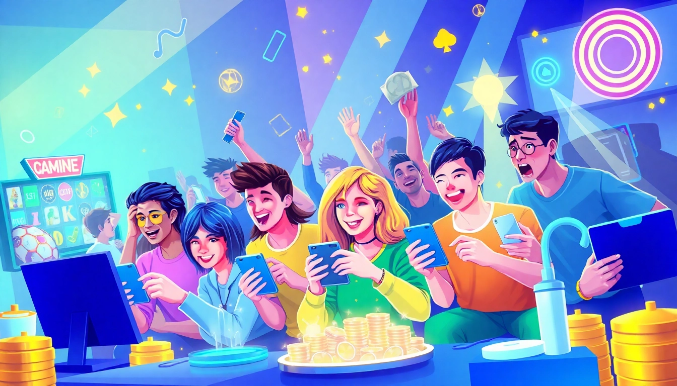 Exciting scene of diverse players exploring the Gemwin online gaming platform with vibrant colors and dynamic atmosphere.