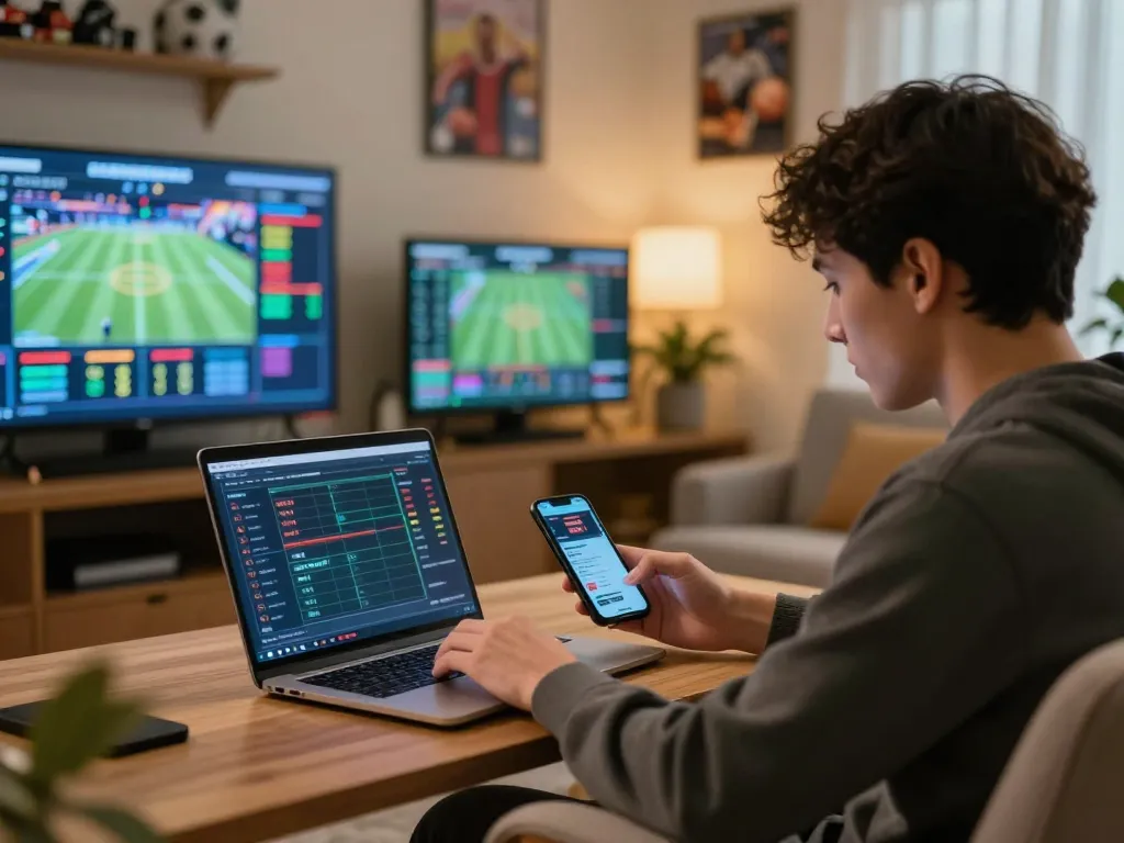 SV368 user engaging in live sports betting with laptop and mobile app in a cozy home setup