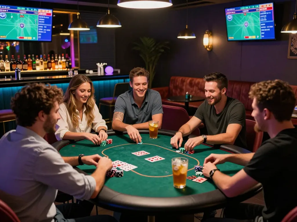 Experience the vibrant gambling atmosphere at https://may88.bio/ with friends enjoying poker.