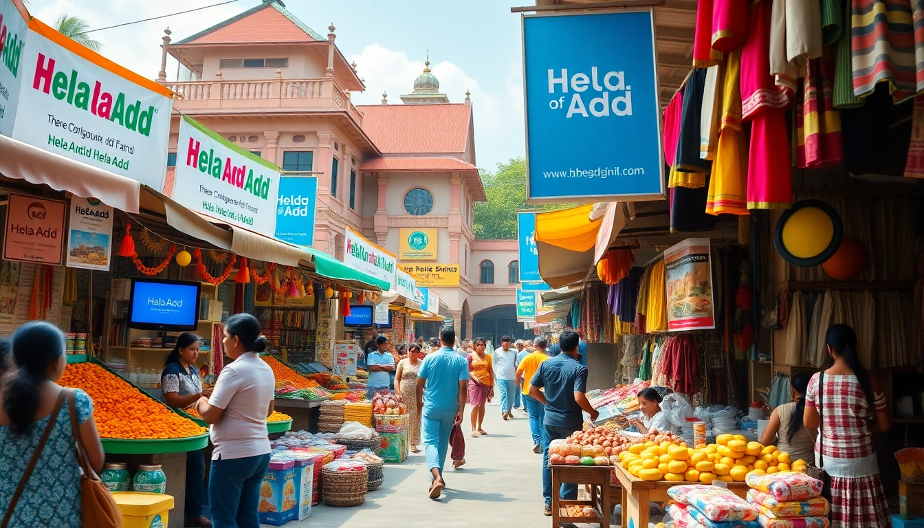 Vibrant Sri Lankan marketplace bustling with Hela Add advertisements and local goods.