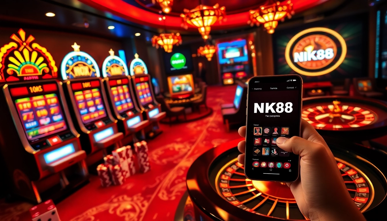 NK88 offers an exciting online gambling experience with vibrant slot machines and poker chips.