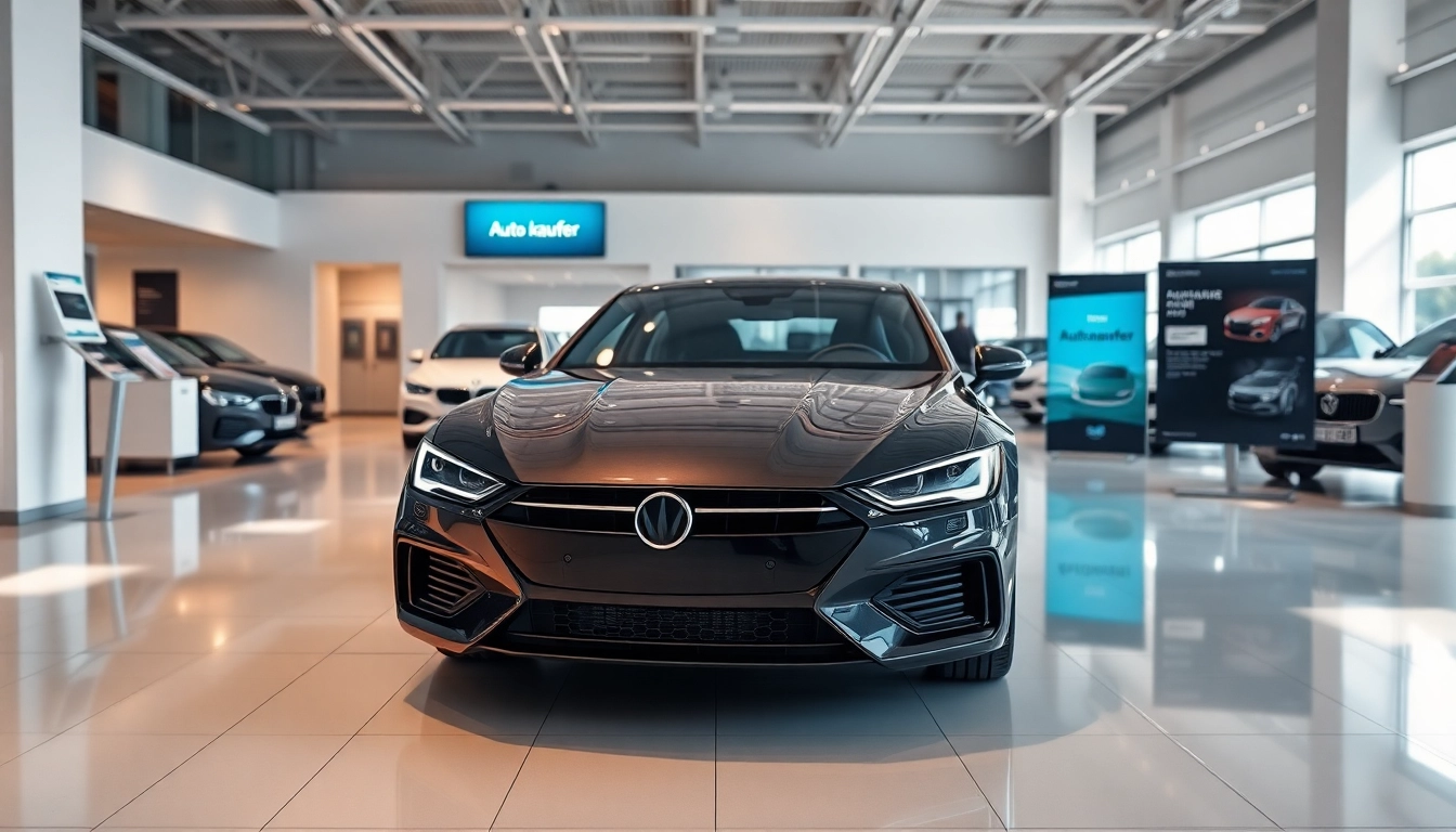 Auto kaufen in einem modernen Autodealership mit einem eleganten Fahrzeug im Vordergrund.