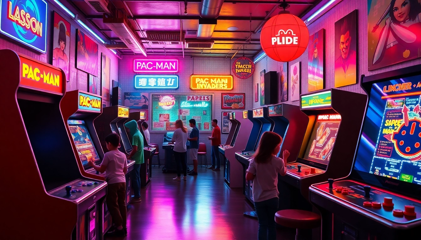 Classic game arcade scene with gamers enjoying retro machines and vibrant neon lights.
