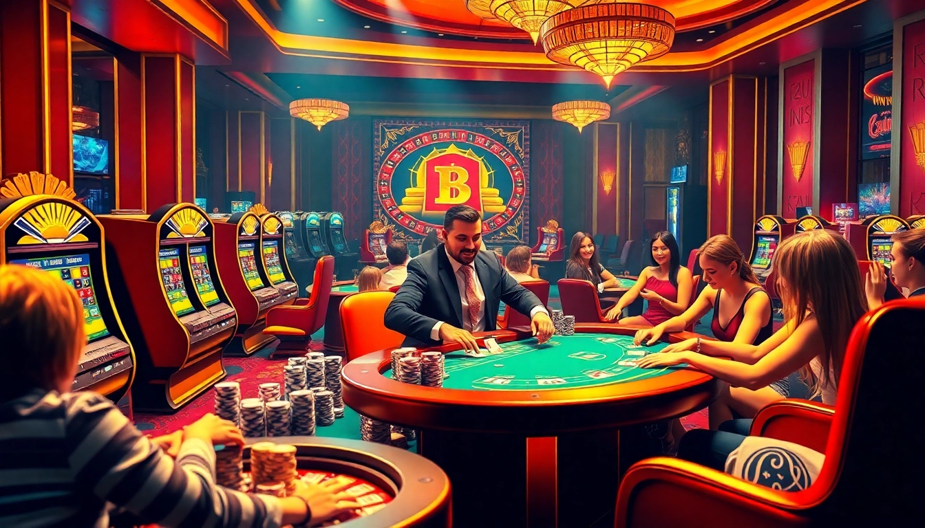 Nohu90 players enjoying exciting casino games with vibrant slot machines and a professional dealer.