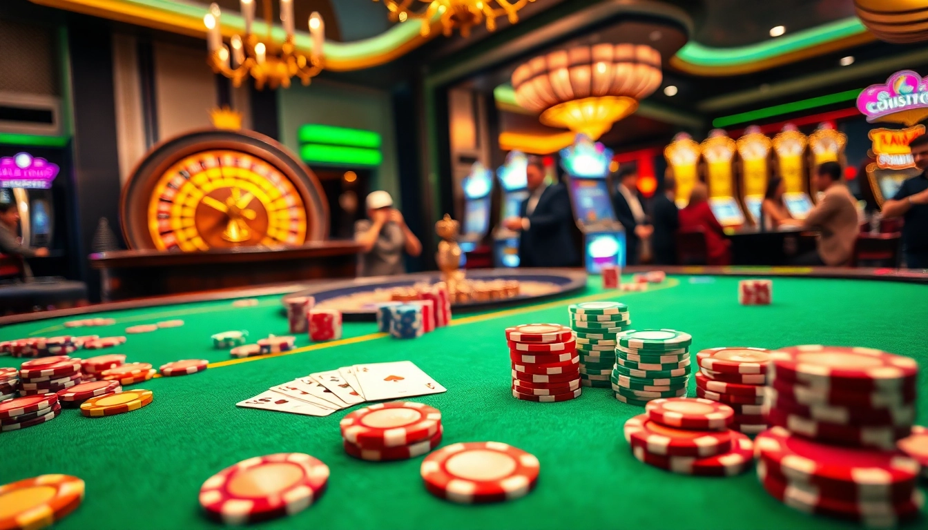 U888 casino gaming scene with vibrant poker chips, cards, and roulette wheel in play.