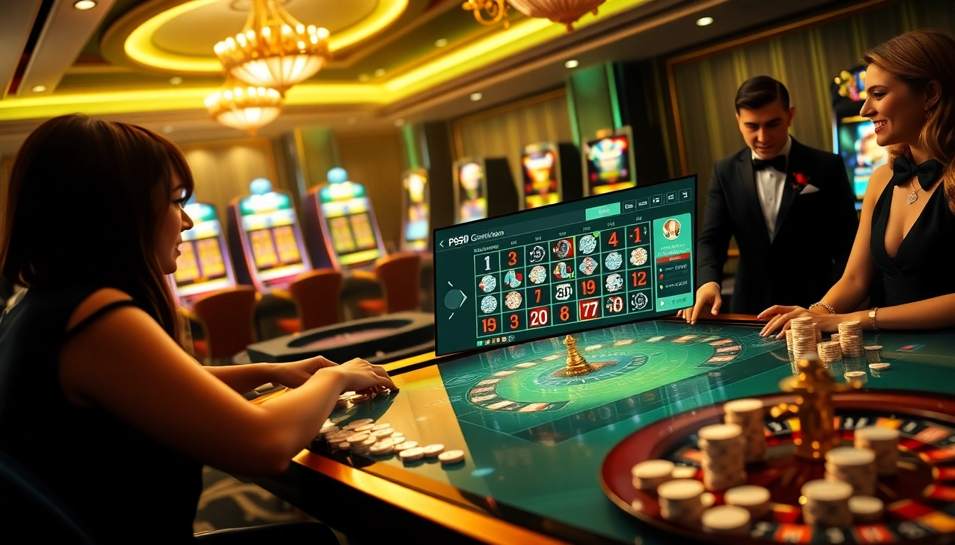 Players enjoying PS99 casino games at a luxurious gambling venue with vibrant slot machines.