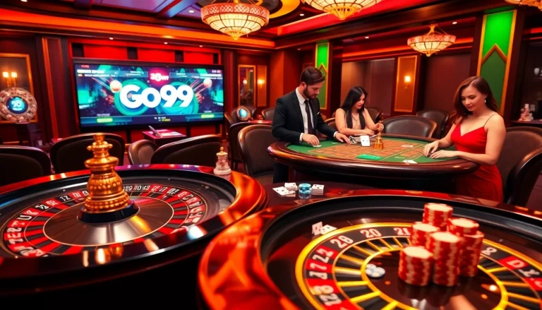 Exciting scene at Go99 casino with roulette wheel, poker chips, and lively players.