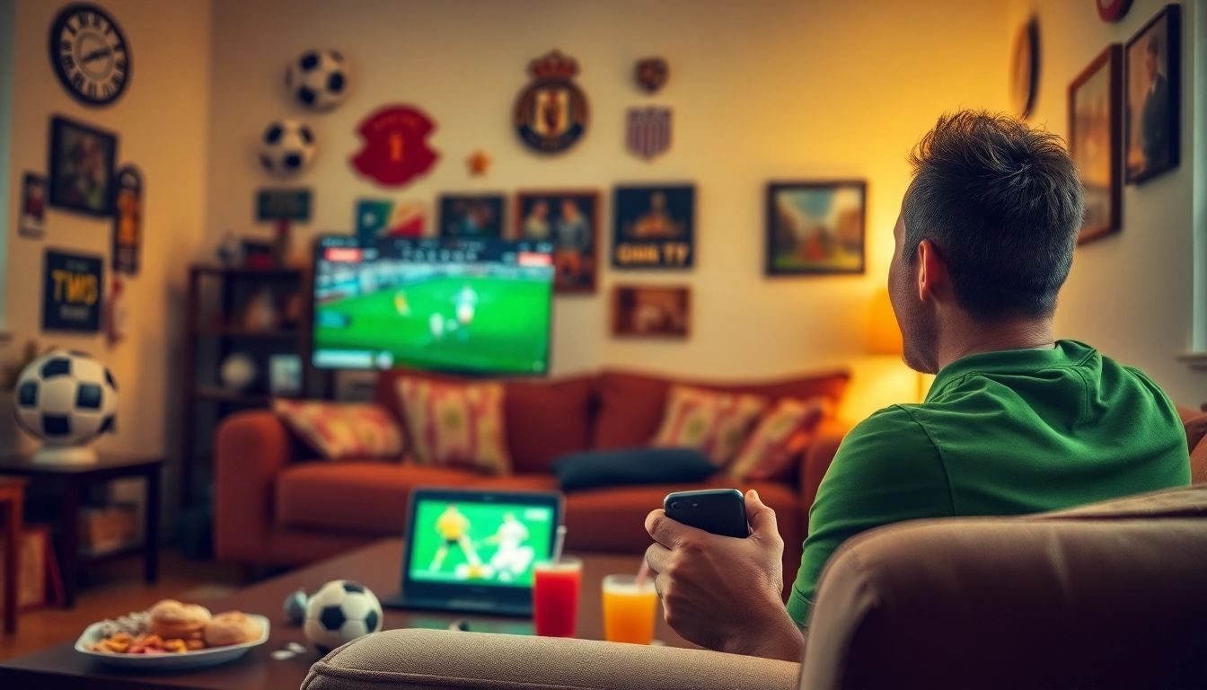 Experience excitement with a soccer fan celebrating a goal while watching live on https://okwintv.zone/.