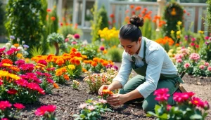 Gartenbauer bei der sorgfältigen Pflanzung von Blumen in einem gepflegten Garten.