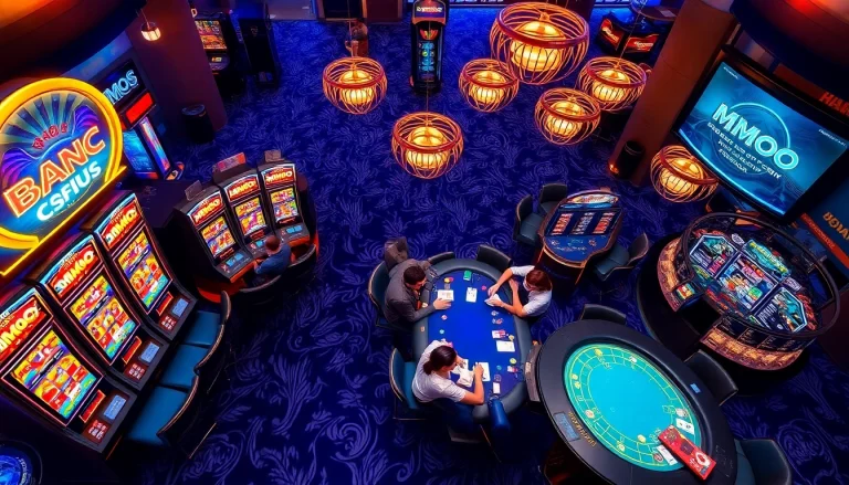 Players enjoying MMOO live dealer games and engaging with vibrant slot machines in a luxury casino setting.