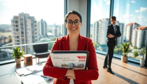 Immobilien Deutschland entdecken – real estate agent showing diverse properties in a modern office.