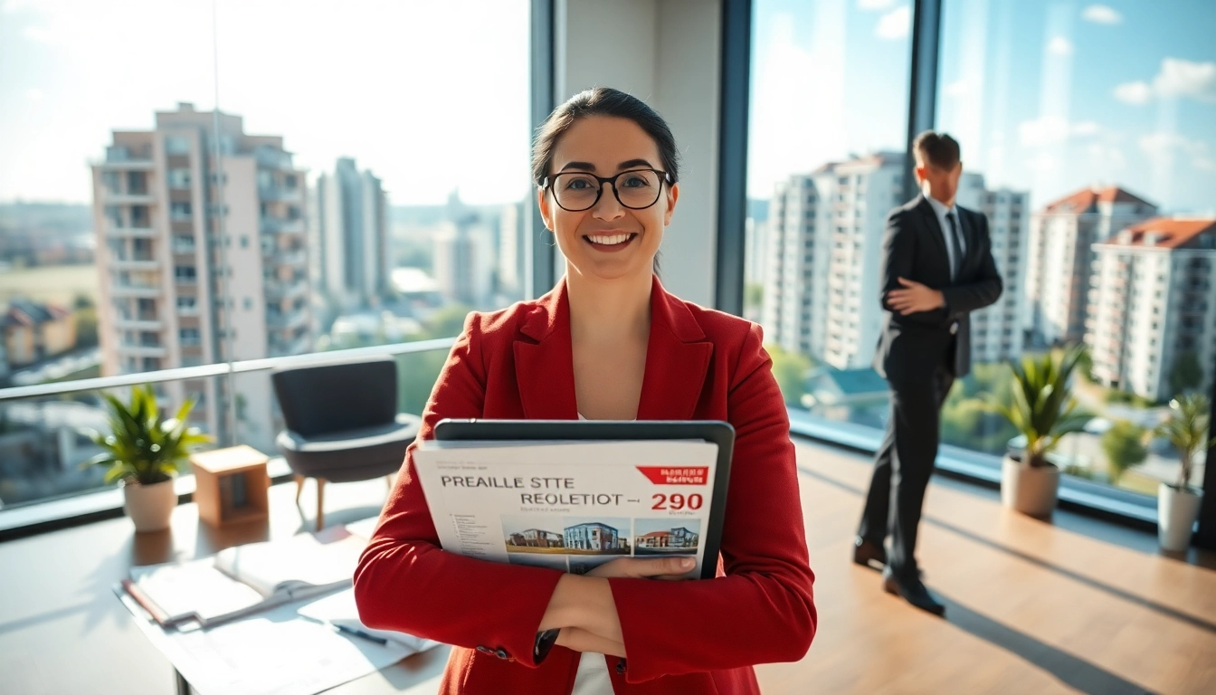 Immobilien Deutschland entdecken – real estate agent showing diverse properties in a modern office.