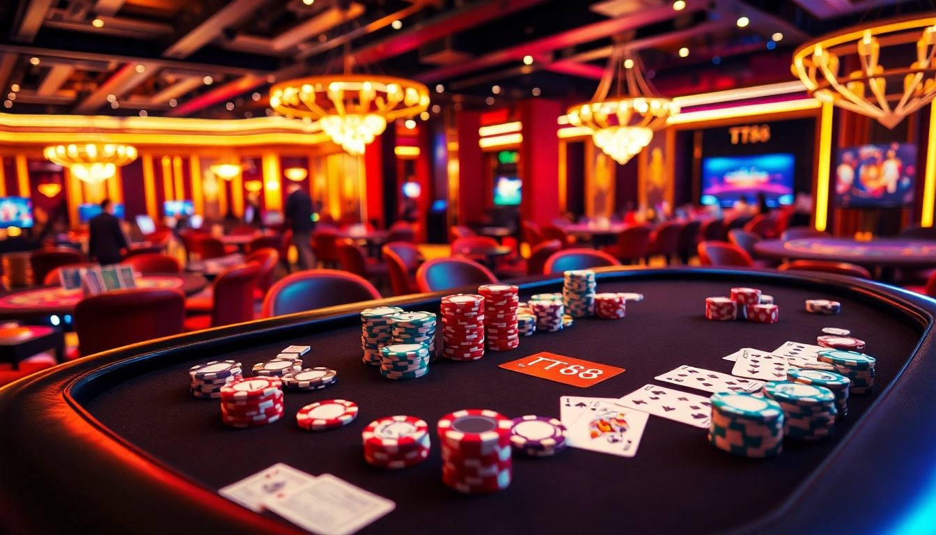 Experience the thrill of TT88 with vibrant poker chips and cards on a luxurious casino table.