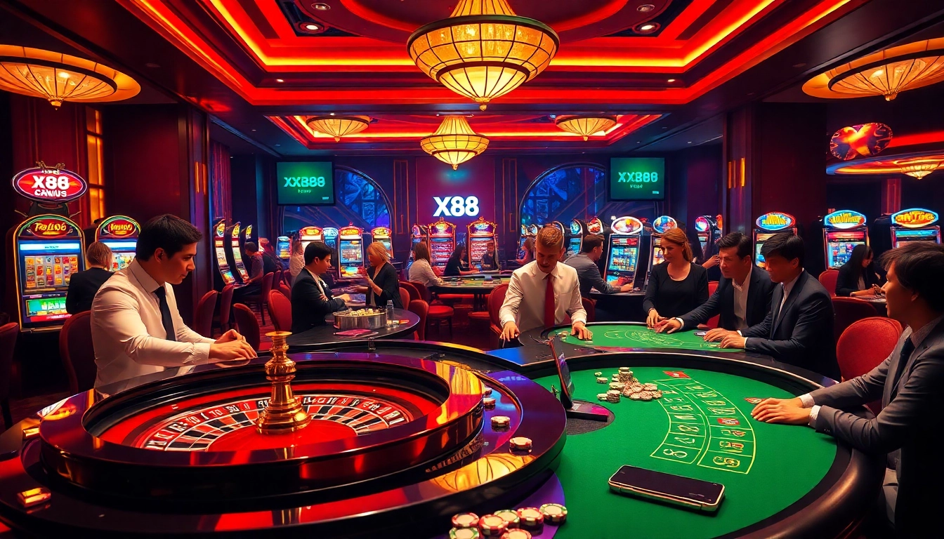 X88 casino players engaging at a roulette table in an upscale gaming environment.