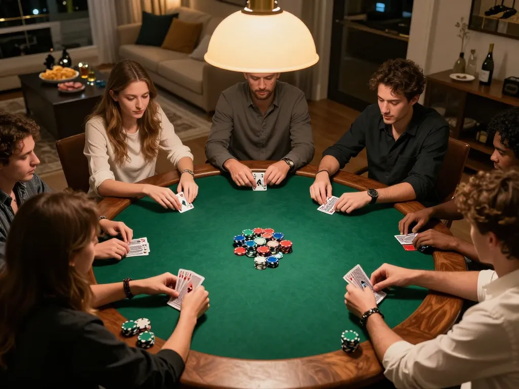 Rikvip players engaging in strategic poker game at home, showcasing a lively social atmosphere and competitive spirit.
