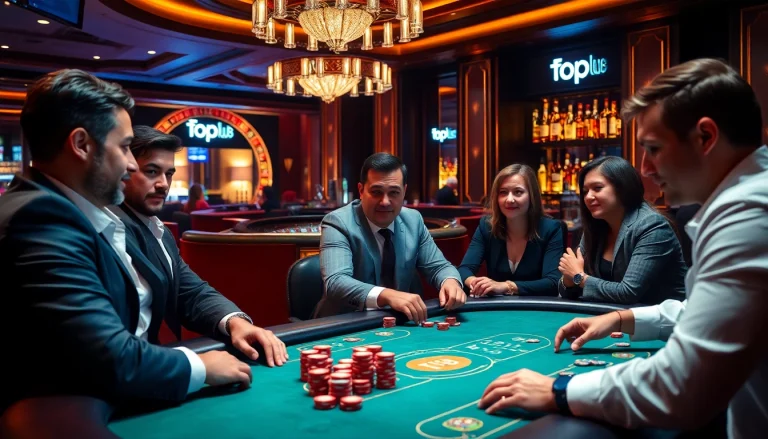 Players enjoy a thrilling poker game at topclub, surrounded by luxury and excitement.