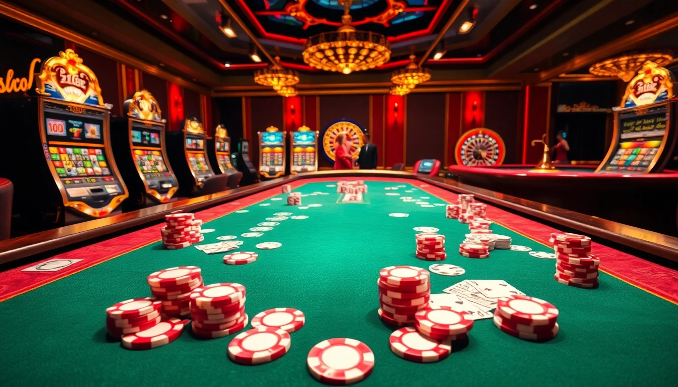 F168-themed casino table showcasing luxury poker gameplay with vibrant chips and cards.