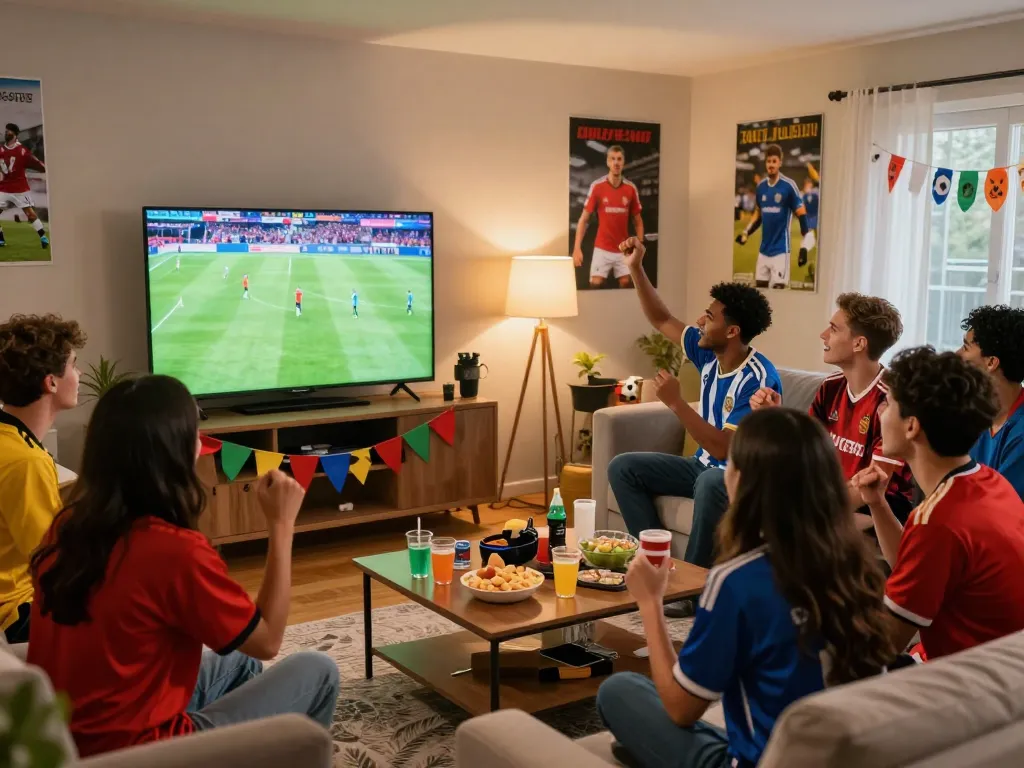 Friends enjoying a football match on LuongSonTV in a lively living room setting, full of excitement.
