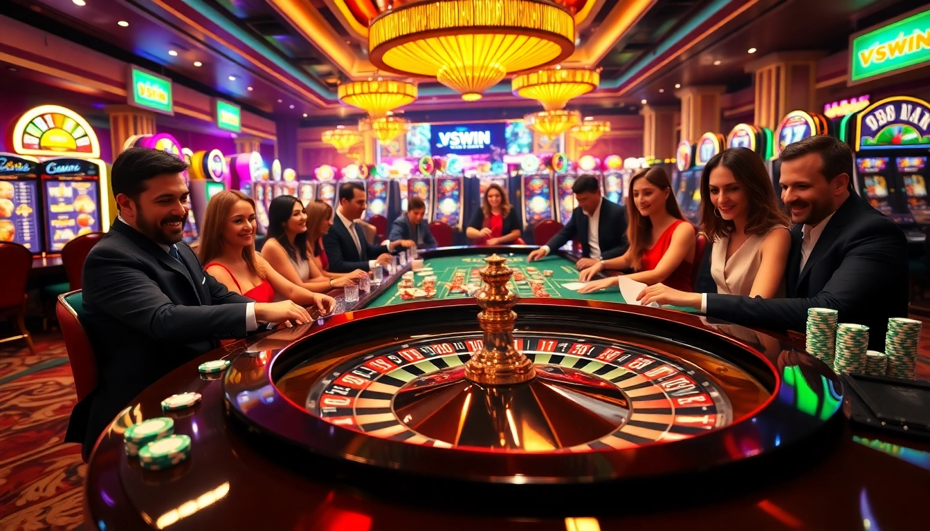 Players enjoy a thrilling roulette game at VSWIN Casino, emphasizing excitement and luxury in gambling.