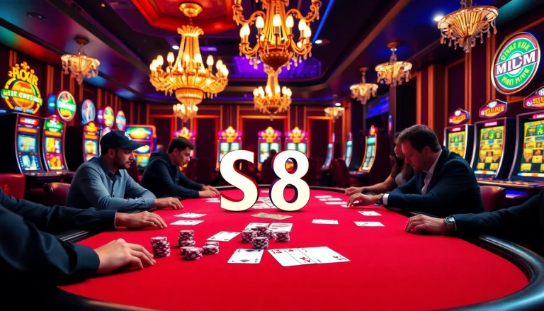 Players strategizing at a poker table in a luxurious casino, with S 8 betting slips in focus.