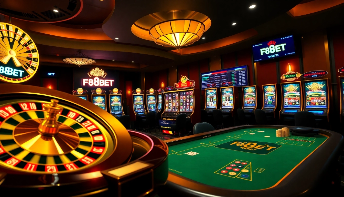 Gambling excitement at F8BET with vibrant slot machines and roulette wheel.