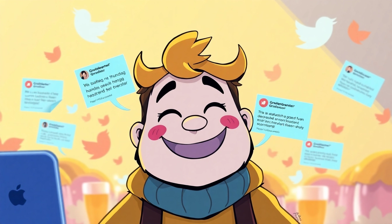 Grantler Twitter humorvoll ausgedrückt durch bunte Tweets in einer lebhaften digitalen Szene.