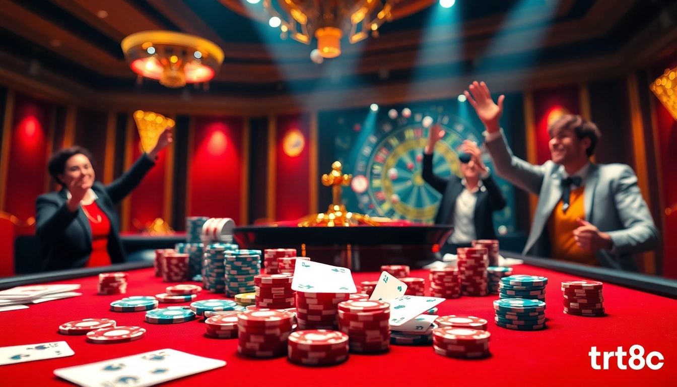Experience the thrill of tr88 in a luxurious casino setting with vibrant tables and excited gamblers.