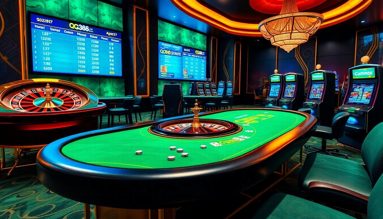 Experience excitement at qq88 with vibrant casino tables and poker games in action.