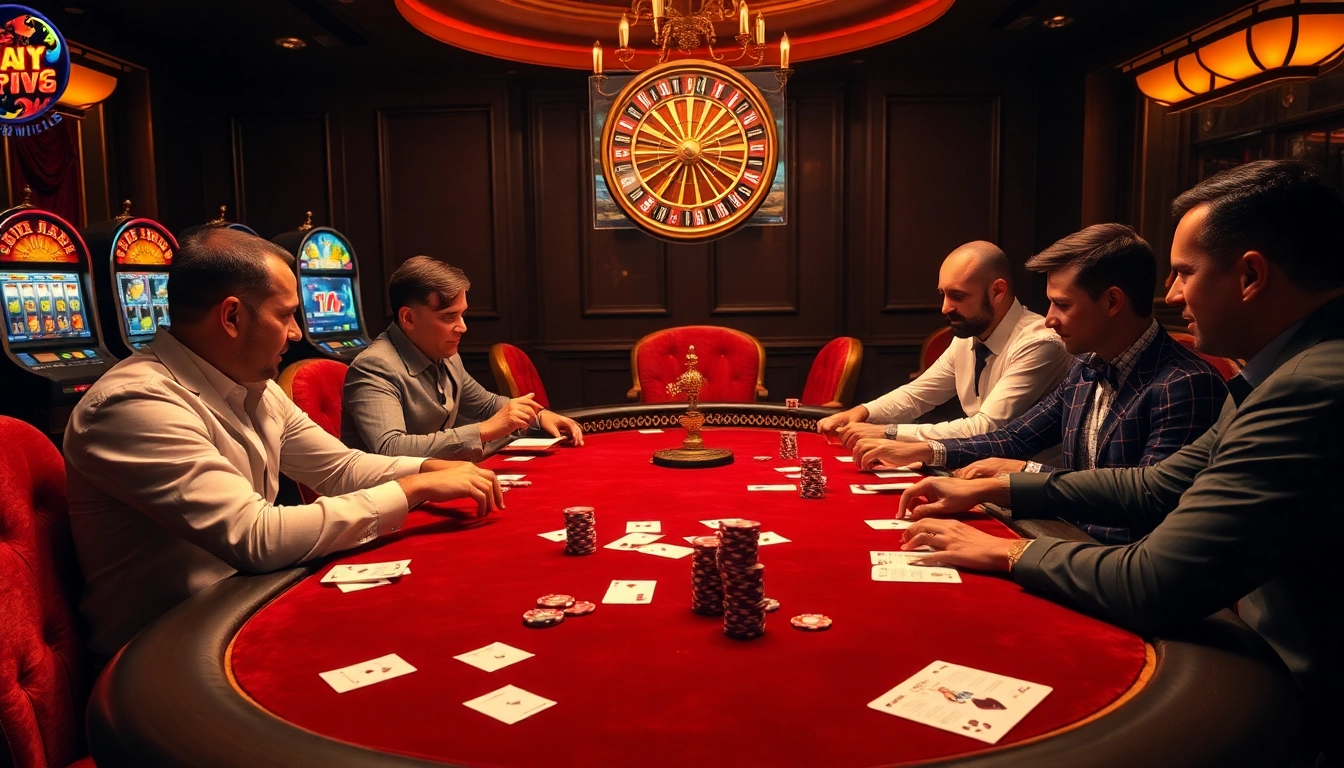 Players strategizing at a casino table with Plagiatsprüfer-themed poker elements, enhancing their gambling experience.