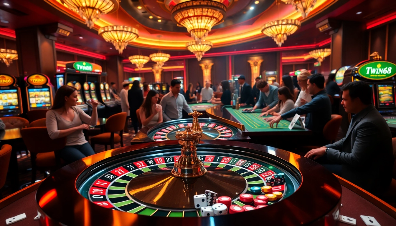 TWIN68 offers a vibrant casino experience with engaging games, roulette wheel, and lively players.