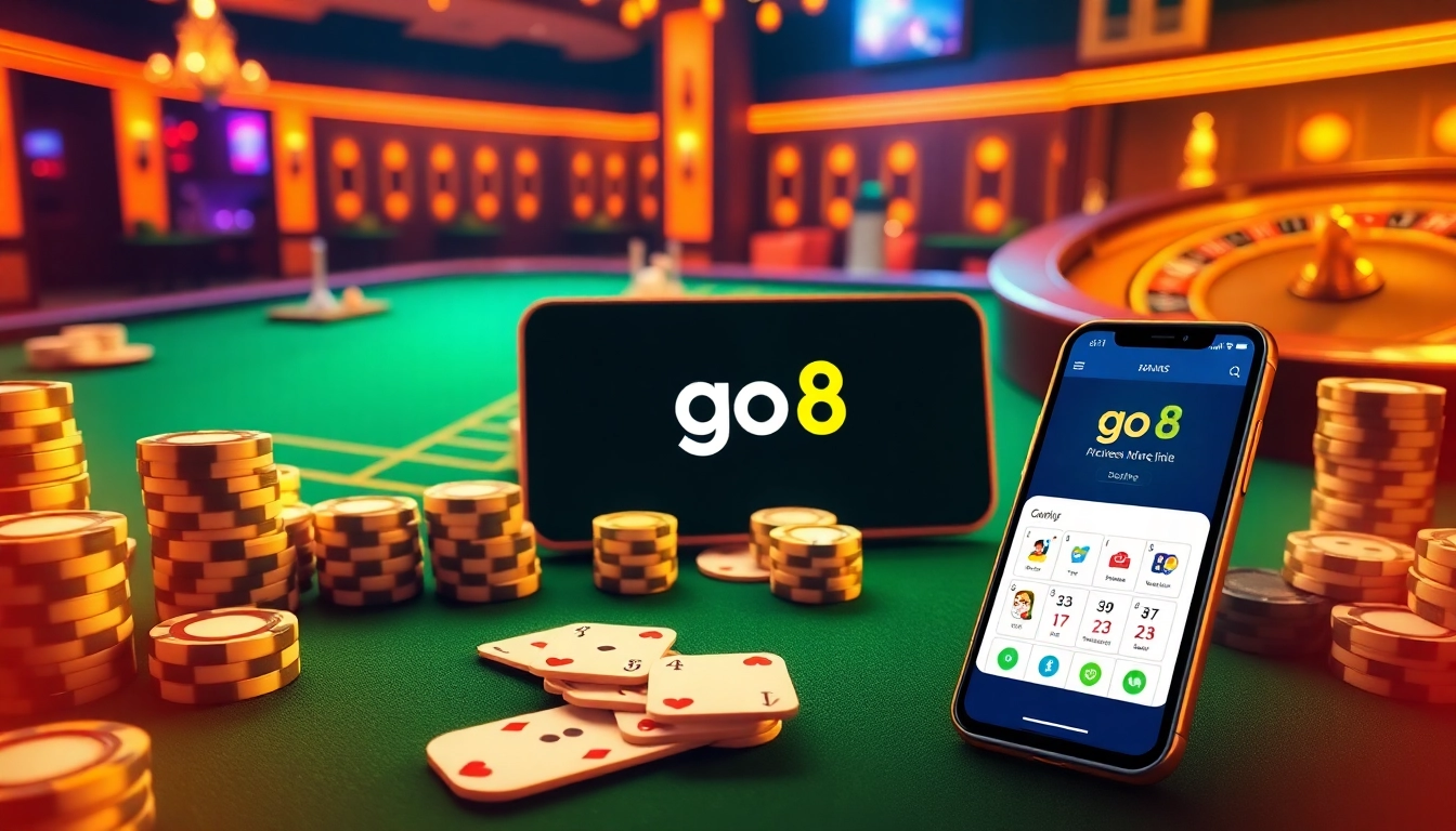 Exciting go8 online gambling scene with poker chips and a roulette wheel, showcasing luxury.
